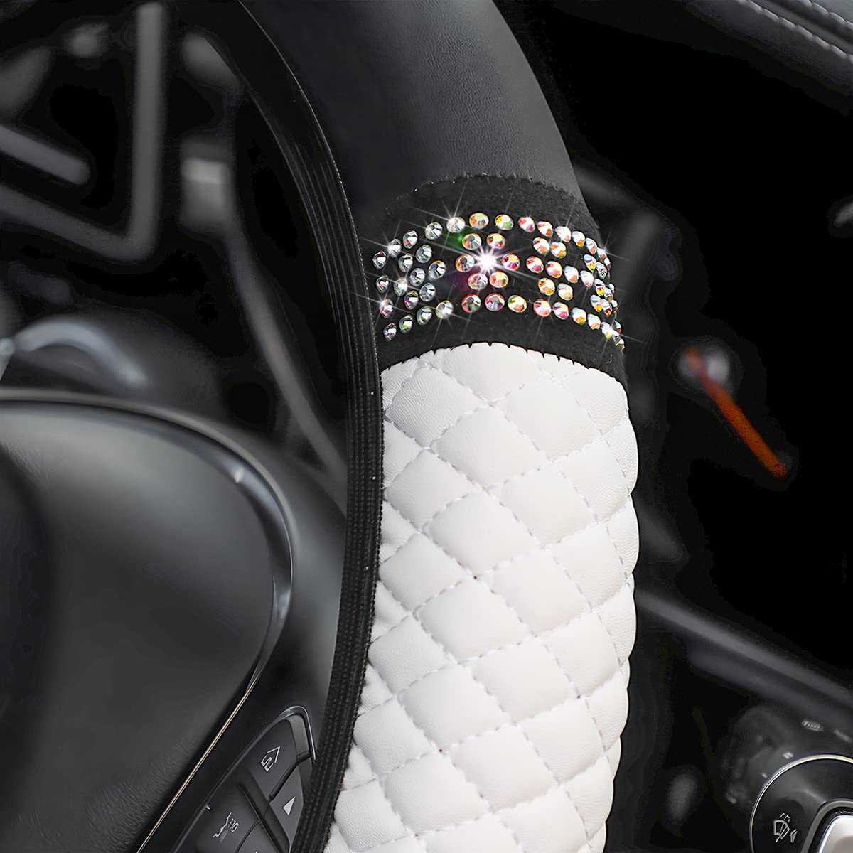 Bling Steering Wheel Cover, Universal 15 Inch Soft Pu Leather With Colorful Rhinestones, Crystal Diamond Elastic Steering Wheel Protector, Sparkly Auto Accessories For Women Girl (White)