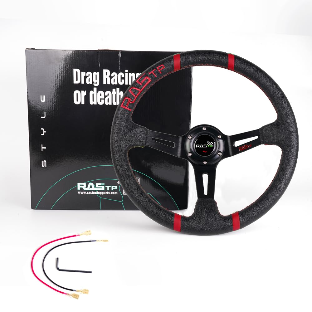 RASTP Universal Racing Steering Wheel,Deep Dish Steering Wheel Leather Embroidery 13.58”/345mm 6 Bolts with Horn Button Include Cable, Wrench,Black