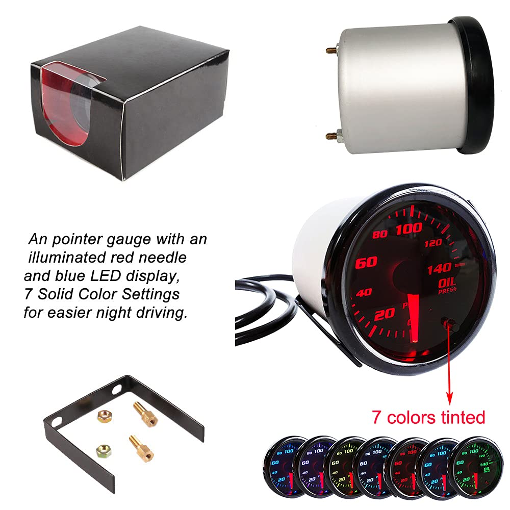 2'' Oil Pressure Gauge Meter With Sensor Tinted 7 Color Car Digital Led 0-140 Psi 52Mm Oil Press Gauge