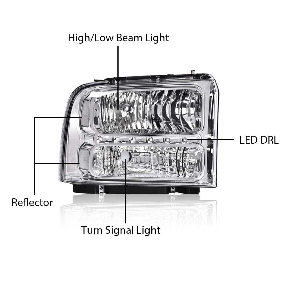 CHEDA LED DRL Headlights Assembly for 2005-2007 Ford Super Duty F250 F350 F450 F550 - Clear Lens Chrome Housing Reflector