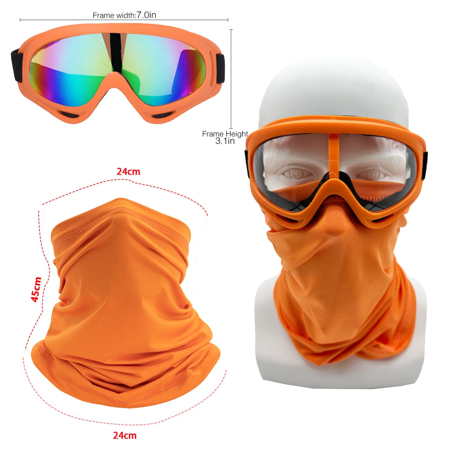 Ljdj Motorcycle Goggles,2 Pack Dirt Bike Atv Motocross Riding Hiking Protective With 2 Pack Neck Breathable Bandana Mask (Orange