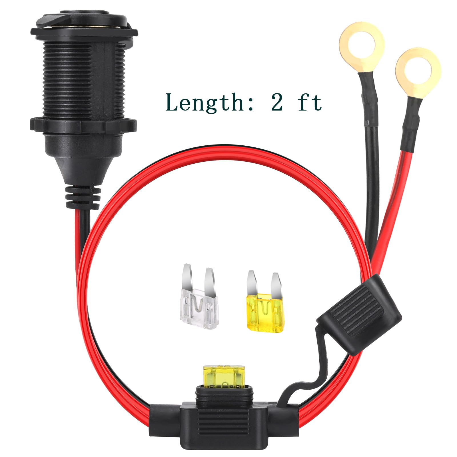 Dongge 2Ft 12V/24V Fixed Thread Cigarette Lighter Socket Extension Cable With Perforated Terminal Direct Battery Type Car Cigare