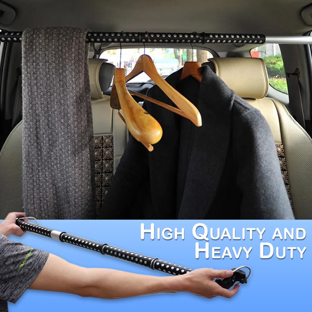 Zento Deals Heavy Duty Expandable Clothes Bar Car Hanger Rod- Convenient Classic Black Combines with Strong Metal and Rubber Grips and Rings