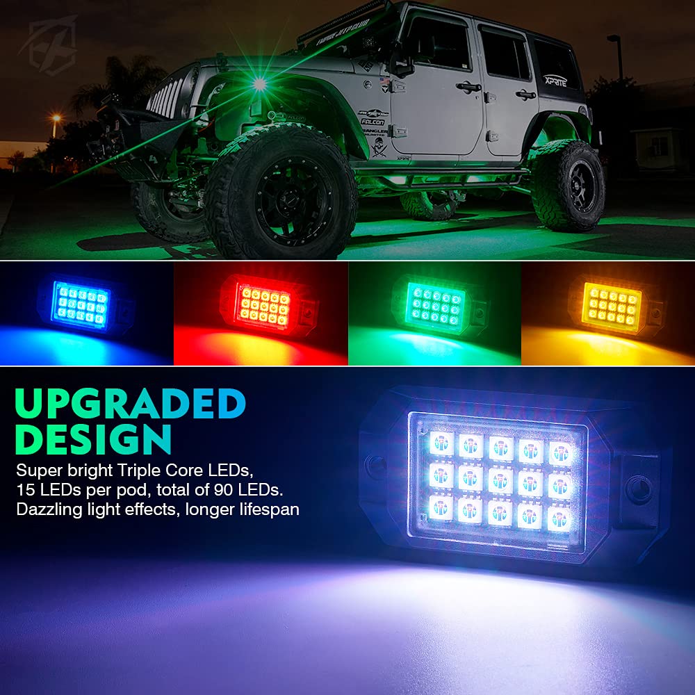 Xprite Rgb Bluetooth Rock Lights Kit, Multicolor Neon Lighting Cars Underglow Footwell Wheel Well Light Pods, W/Rf Remote Contro