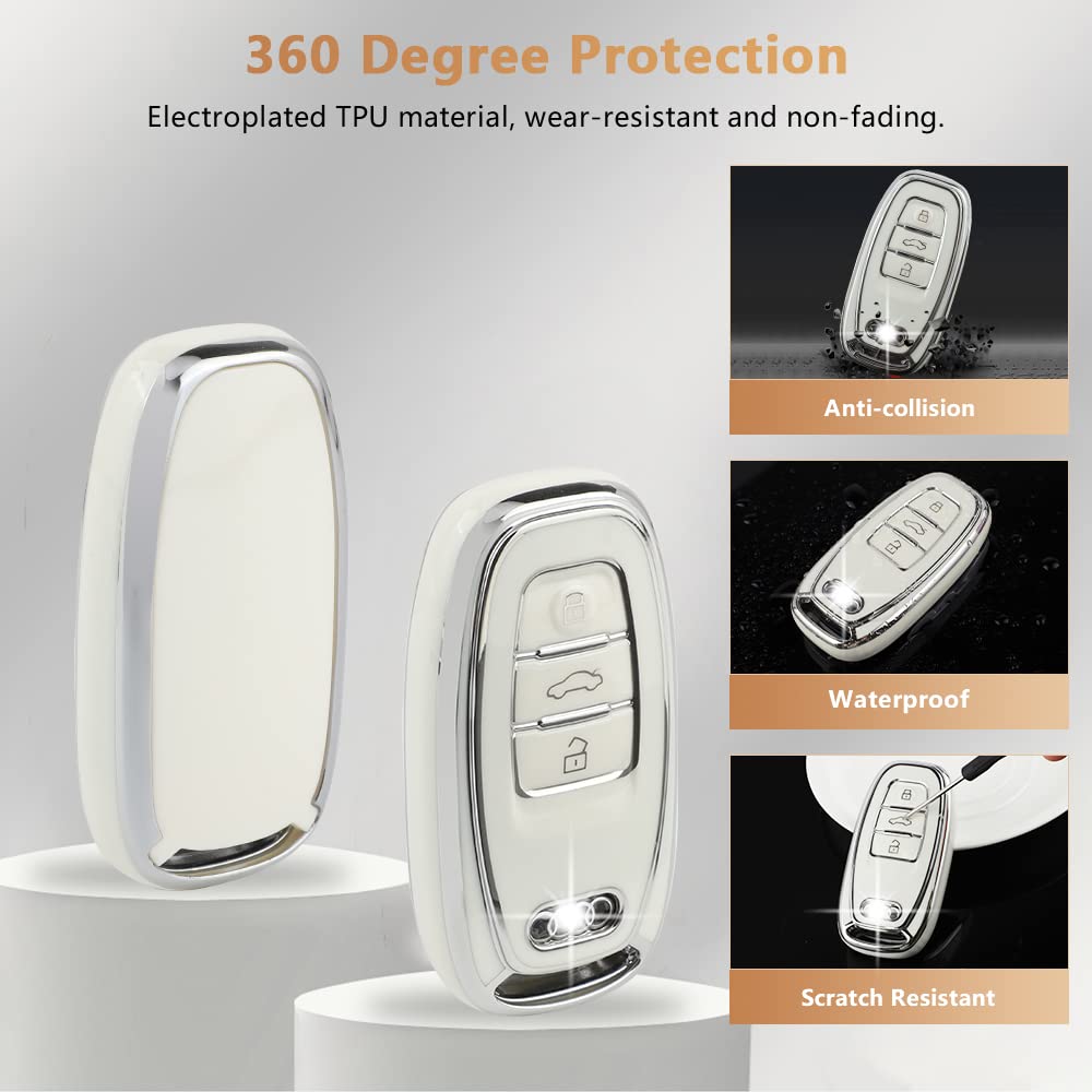Pifoog Key Fob Cover For Audi 4 Buttons Tpu Soft Keys Case Shell Bling Keychain Car Accessories For Audi Q5 A4 A5 A6 A7 A8 Rs5 Rs7 S4 S5 S6 S7 Sq5 Girly Women White Silver