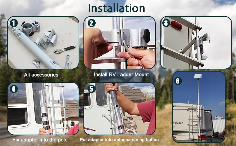 EEZ RV Products Telescopic 10ft Pole with Starlink Adapter and RV Ladder Mounting Bracket Kit (GEN 2 / V2) - Fits 1 inch Ladder
