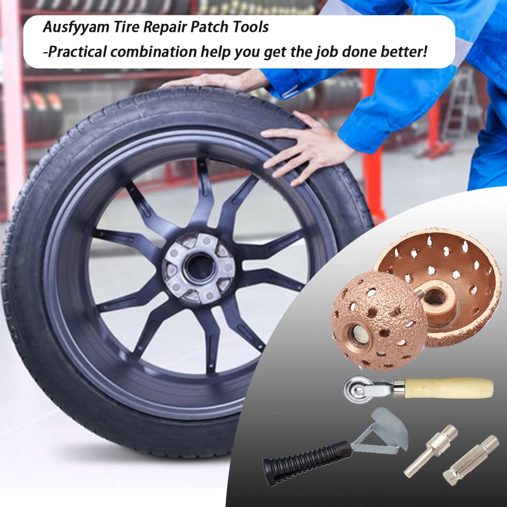 Ausfyyam Tire Repair Patch Tools Tire Buffing Wheels 42 Mm 55 Mm Tungsten Steel Buffing Wheel With Tire Patch Roller Scraping Cutter For Car Tire Grinding Polishing Accessories Kit