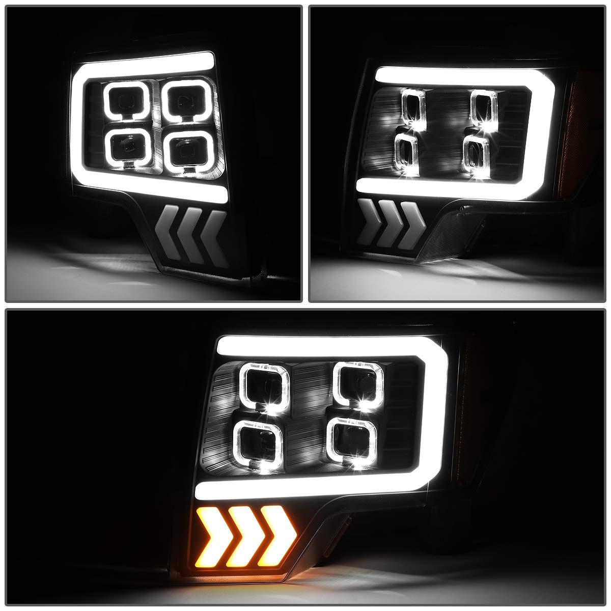 Dna Motoring Hl-Lb-T8-F15009-Bk-Am Pair Auto Update Led Effect Drl Quad Projector Headlight Lamp Replacement For 09-14 F150, Bla