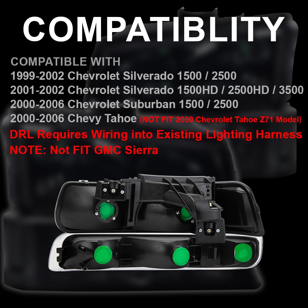 Cheda Headlight Assembly Turn Signal Lamp Fit Chevy Silverado 1500/2500 99-02 / Suburban 1500/2500/Tahoe 00-06(Clear Lens Chrome