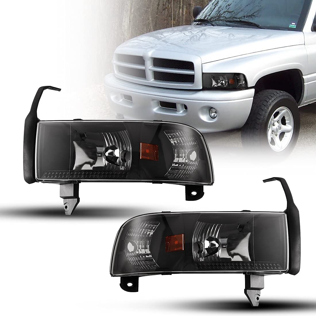 Nixon Offroad Projector Headlights For 1994-2001 Dodge Ram 1500/94-02 Dodge Ram 2500 3500/1995-2002 Dodge Ram 4000 (All W/O Sport Package) High Low Beam Head Lights Assembly Clear Lens