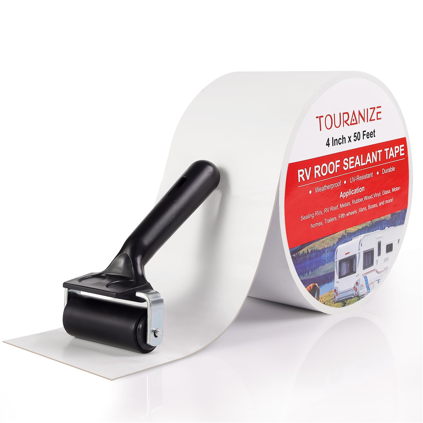 Touranize Rv Roof Tape With Rubber Roller, 4 Inch X 50 Feet Rv Sealant Tape For Camper Roof Repair, Boat Sealing, Trailer Roof S
