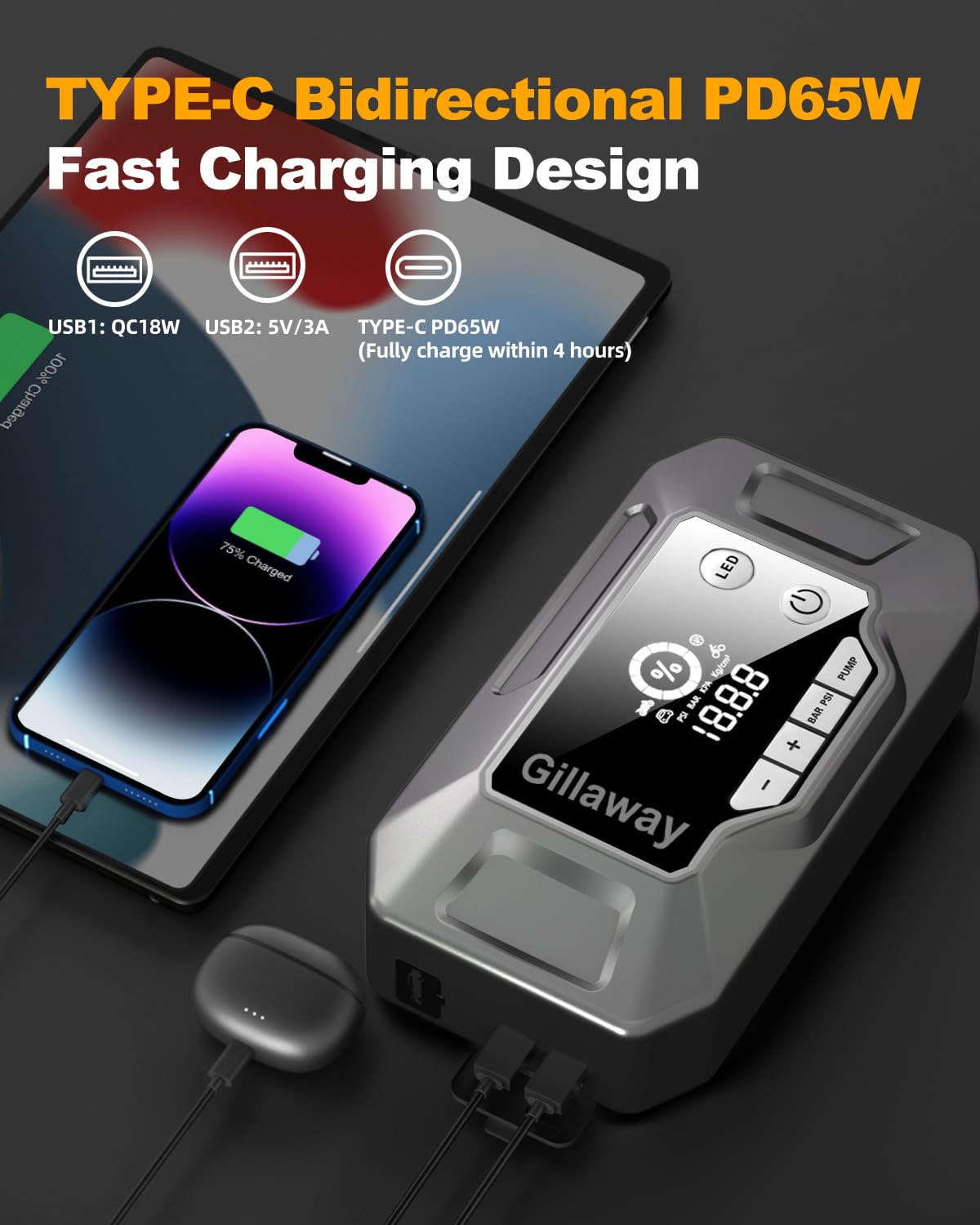 Q11 4000A Car Jump Starter With Air Compressor Combo 150Psi, Portable Car Battery Jump Starter Battery Pack (10L Gas/8.0L Diesel