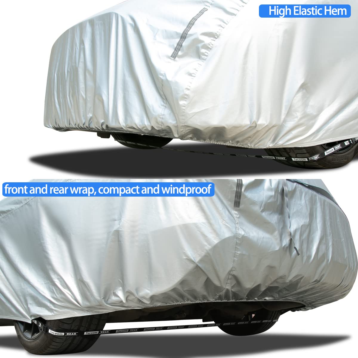 Tecoom Car Cover Waterproof All Weather 190T Polyester Silver Fit 173-182" Coupe/Sport Car Windproof UV Rain Hail Protector