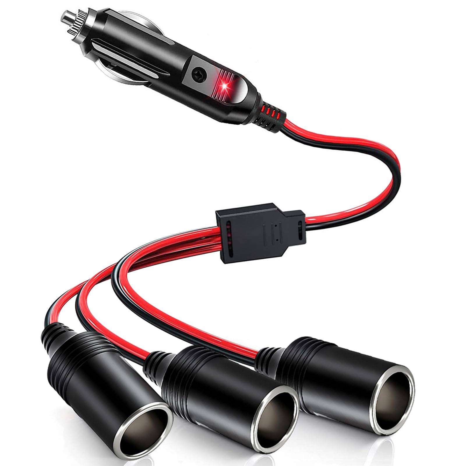 Car Cigarette Lighter Splitter, Ro  Ko1 To 3 Dc 12V 24V Plug Adapter, 3 Socket With Indicator Light, 15.7 Inches Cigarette Light