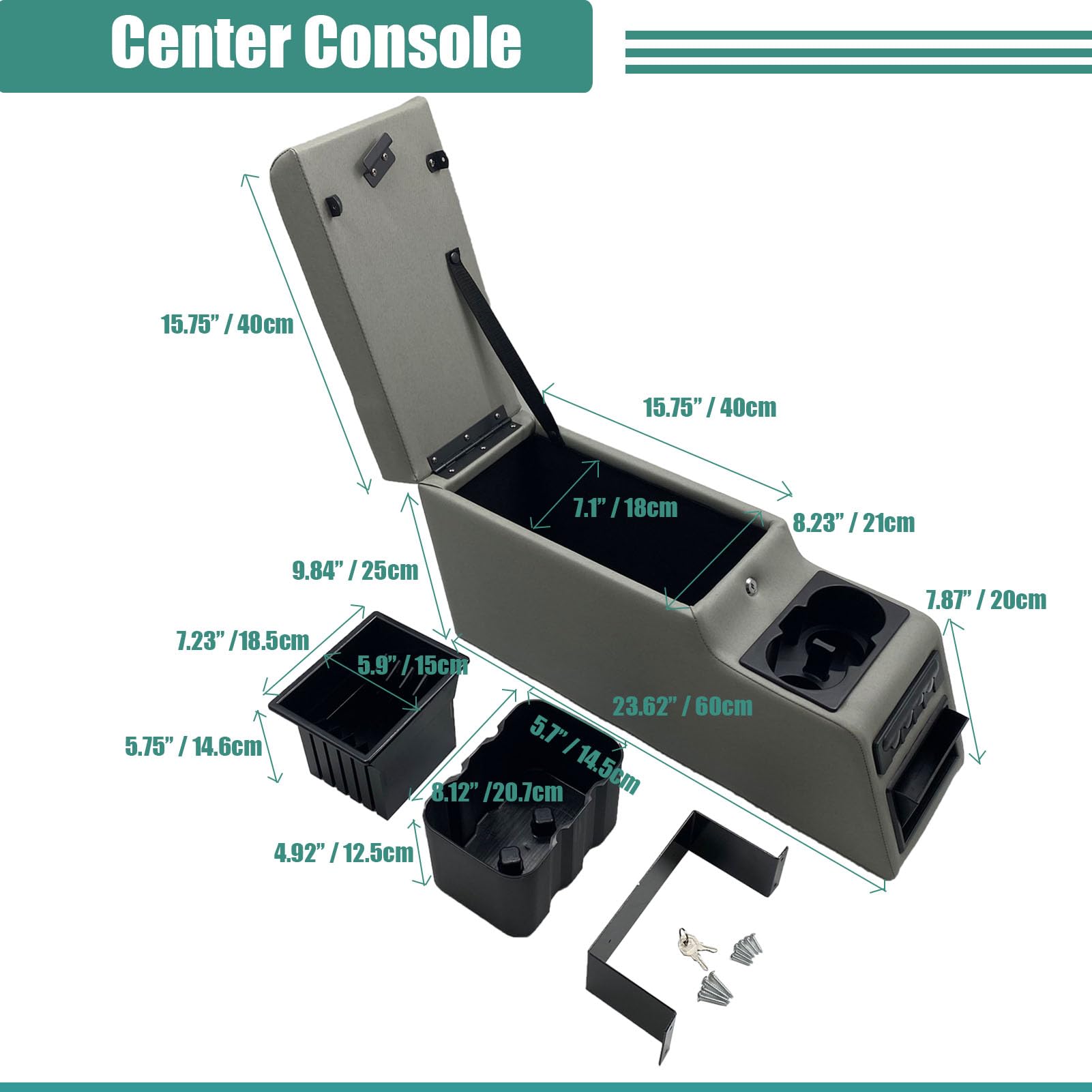 Moosun 31515 Denim Black Deluxe Locking Center Console For Jeep Cj-5 1976-1983, Cj-7 1976-1986, Wrangler Yj 1987-1995 Grey