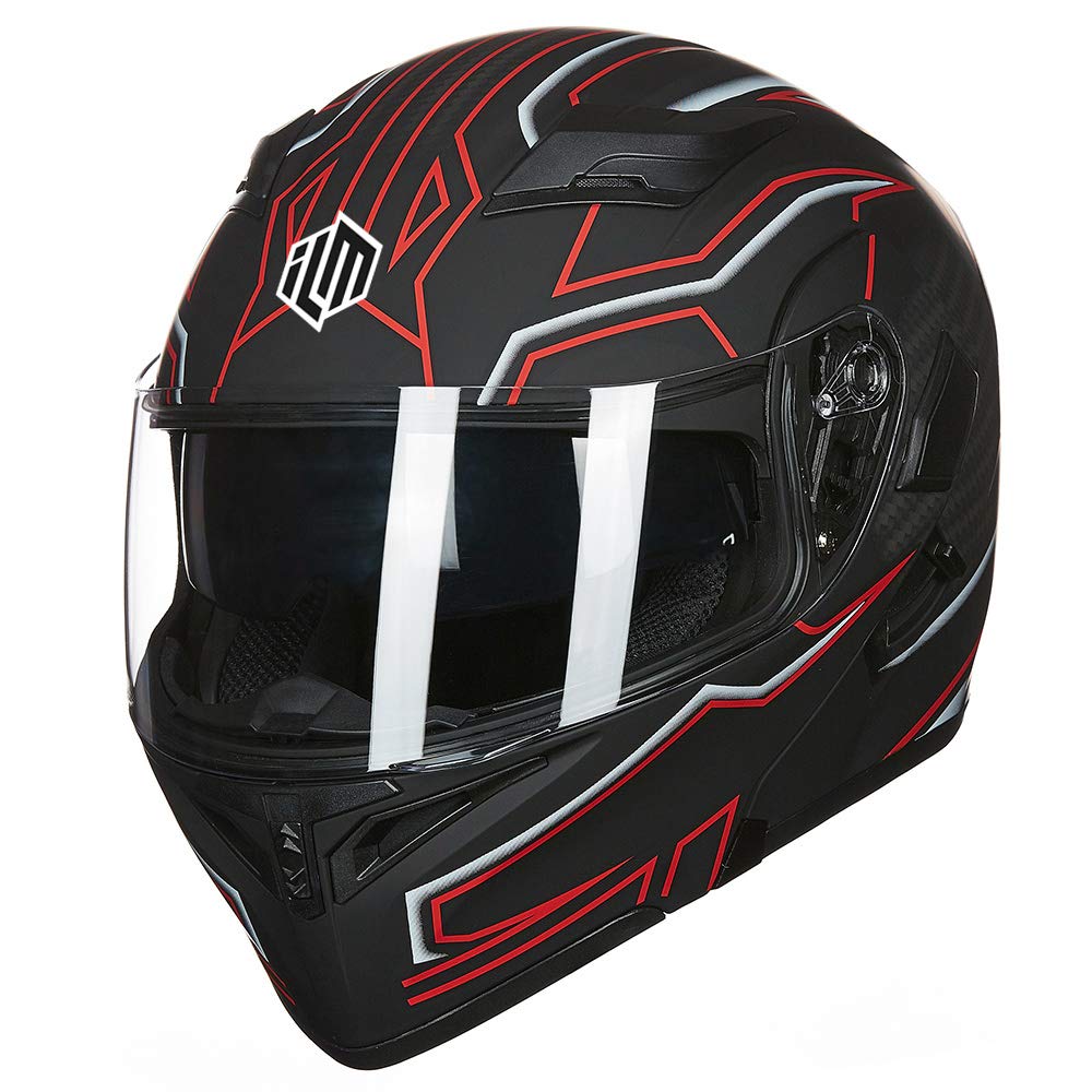 Ilm Motorcycle Dual Visor Flip Up Modular Full Face Helmet Dot 6 Colors Model 902 (M, Black Red)