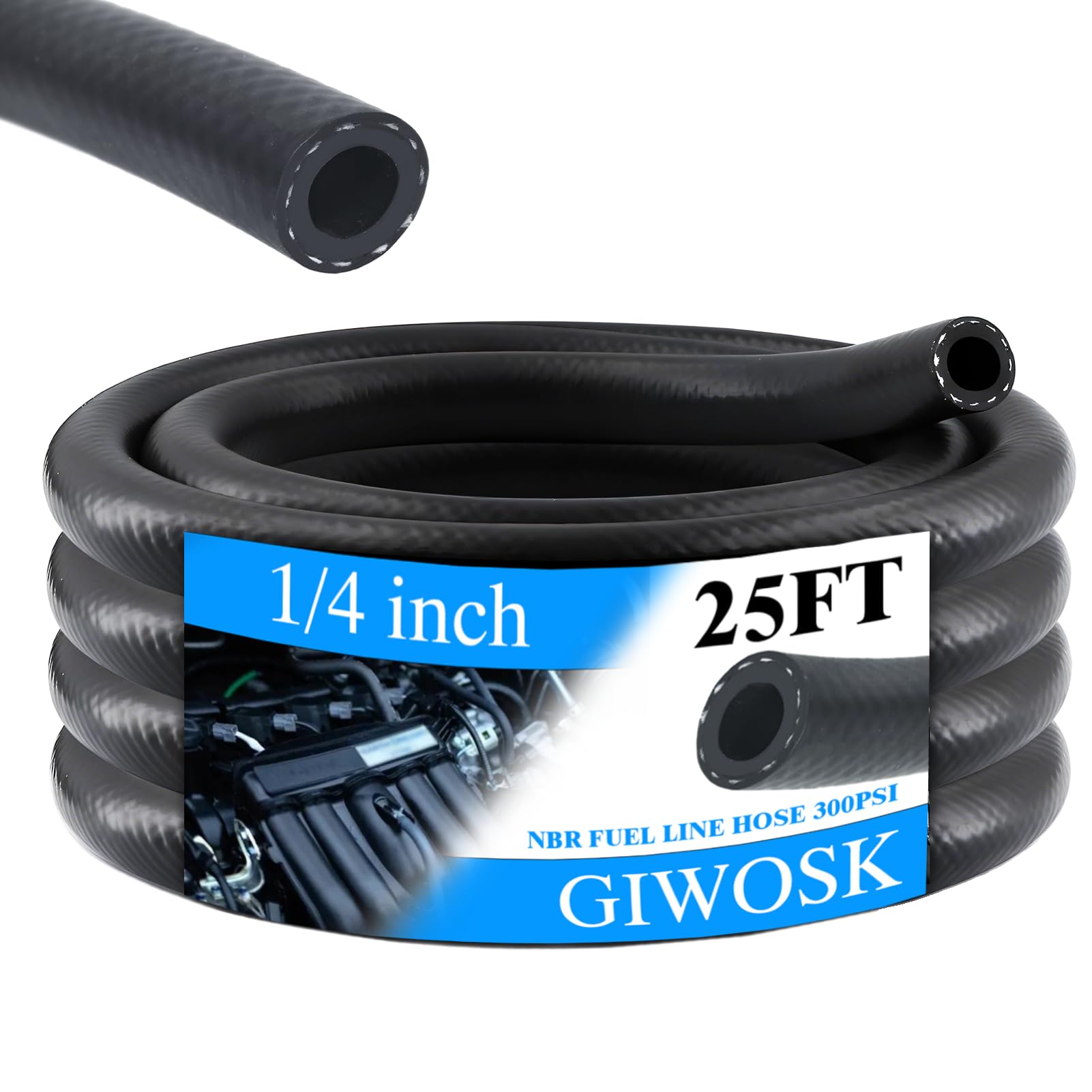 GIWOSK 25Ft 1/4 ID Fuel Line Hose, NBR Rubber Hose High Pressure 300PSI Boat Fuel Tube for Motorcycles, Marine Boat Outboard, Sm