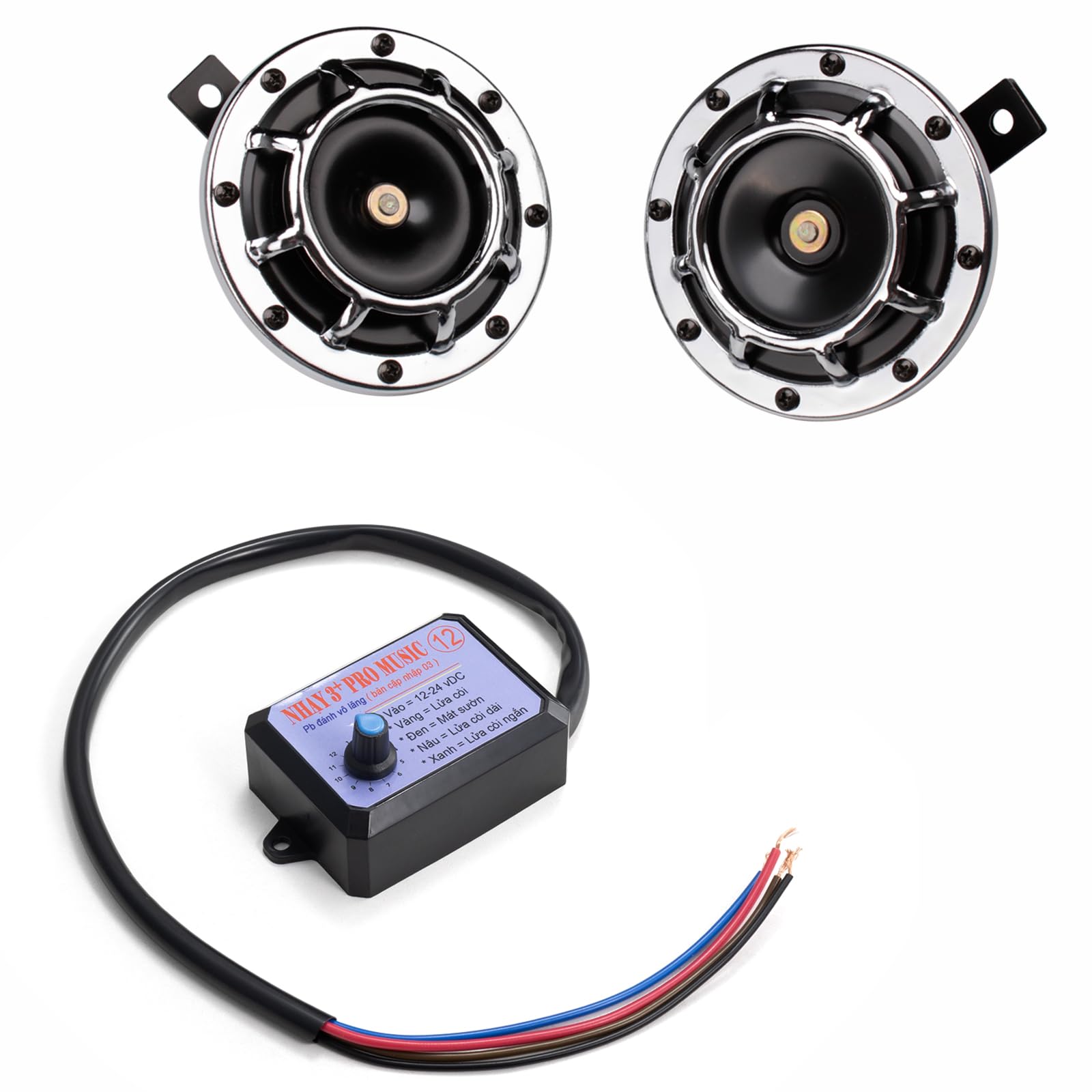 FARBIN Motorcycle Horn Loud Car Horn with 12-Tone Controller 12V Motorcycle Horns High/Low Tone Metal Twin Horns Kit with Protec