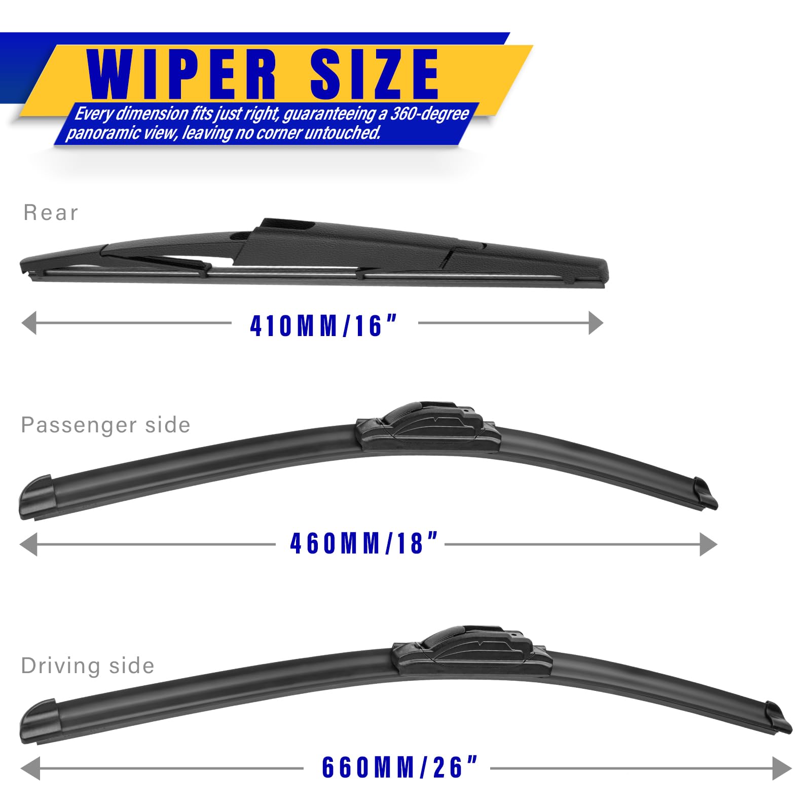 3 Wipers Replacement For 2006-2014 Kia Sedona/2007-2010 Hyundai Entourage, Windshield Wiper Blades Original Equipment Replacement - 26/18/16 (Set Of 3) U/J Hook