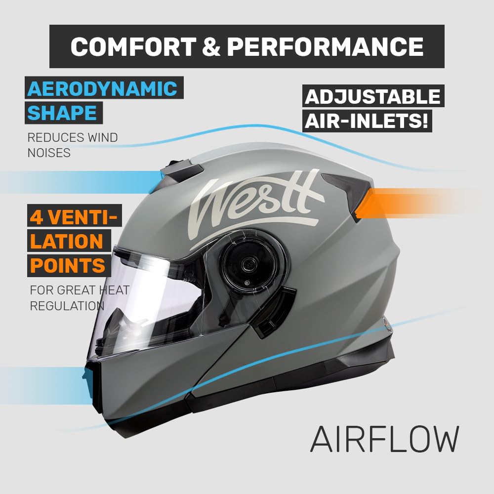 Westt Dot Helmets For Motorcycles - Open Face Motorcycle Helmet Dual Visor - Atv Motocross Snowmobile Helmet For Men Women(M/Gra