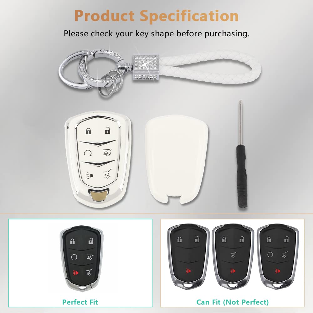 Pifoog Escalade Key Fob Cover For Cadillac 6 Button Smart Keys Case Proector Accessories Tpu Soft Bling Keychain White Silver Girly Cute For Cadillac Escalade Esv 2015 - 2020