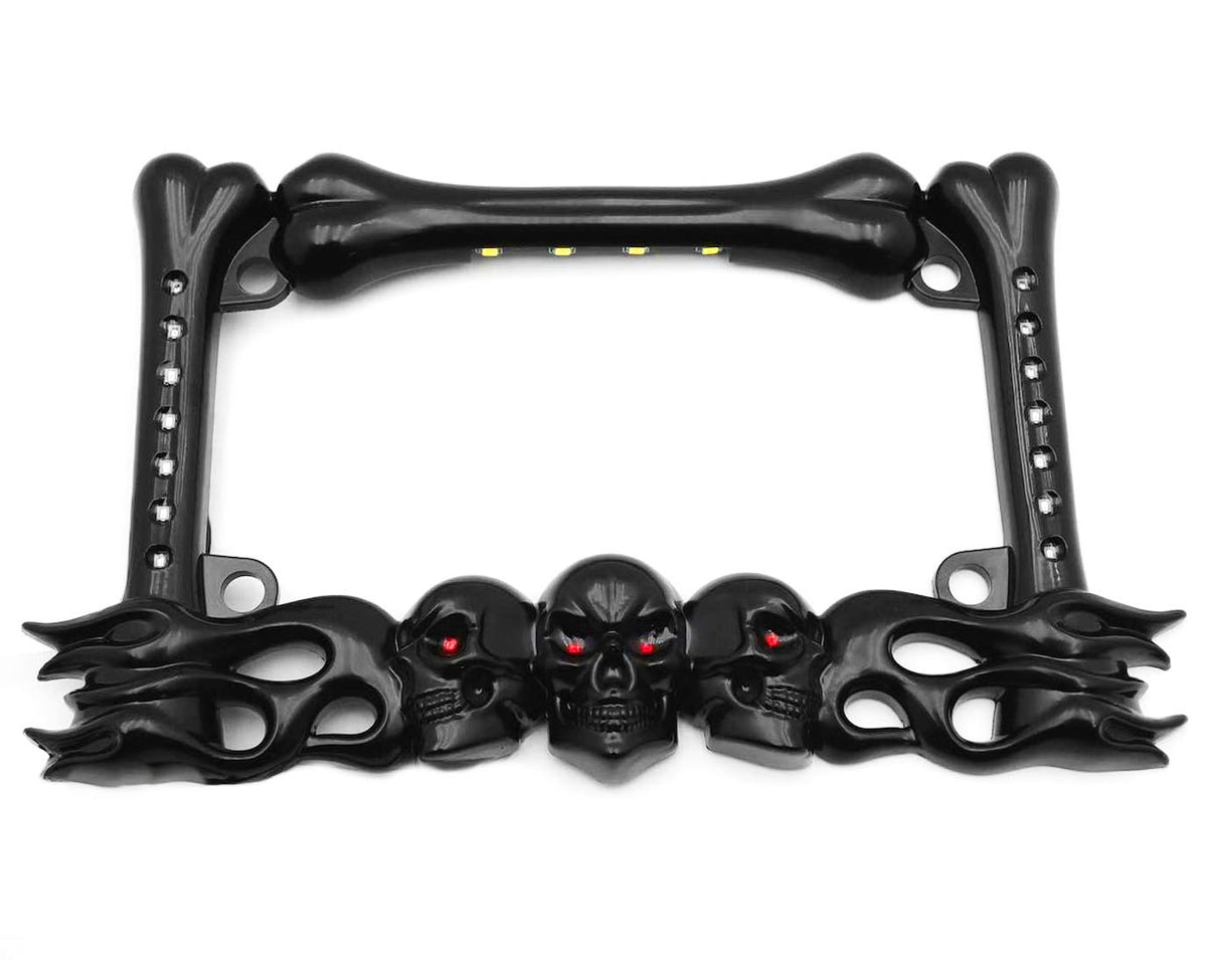 Httmt- 3D Black Skull Flame Bone License Plate Frame W/Led Run Brake Turn Compatible With H-D Kawasaki [P/N: Mt294-006A-Bk]