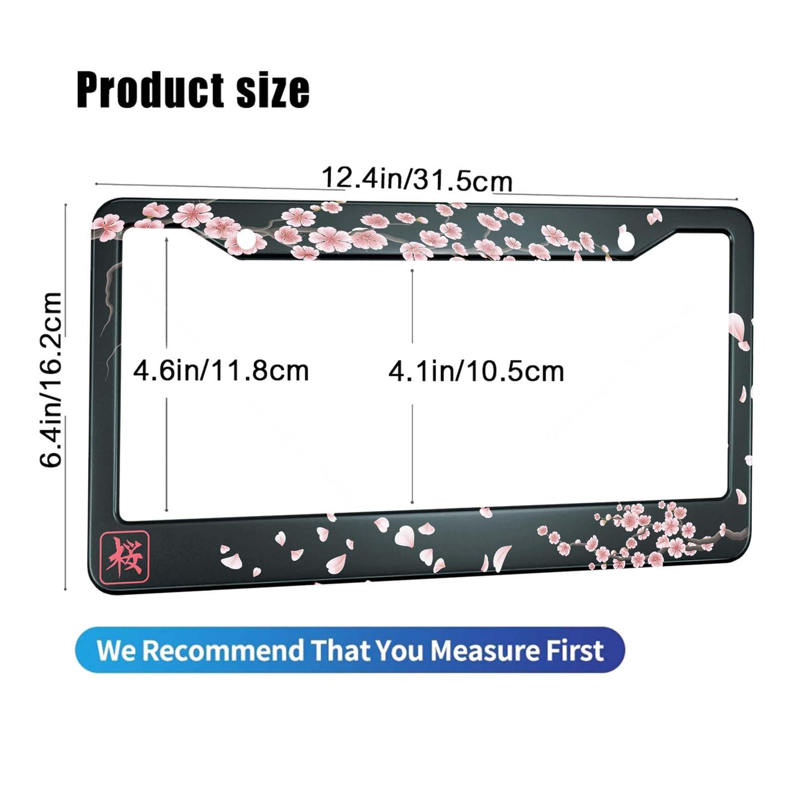 HOSNYE Japan Cherry Branch License Plate Frame Black 2 Pcs Flowers Hieroglyph Sakura Metal Cute Licenses Plates Frames Licenses