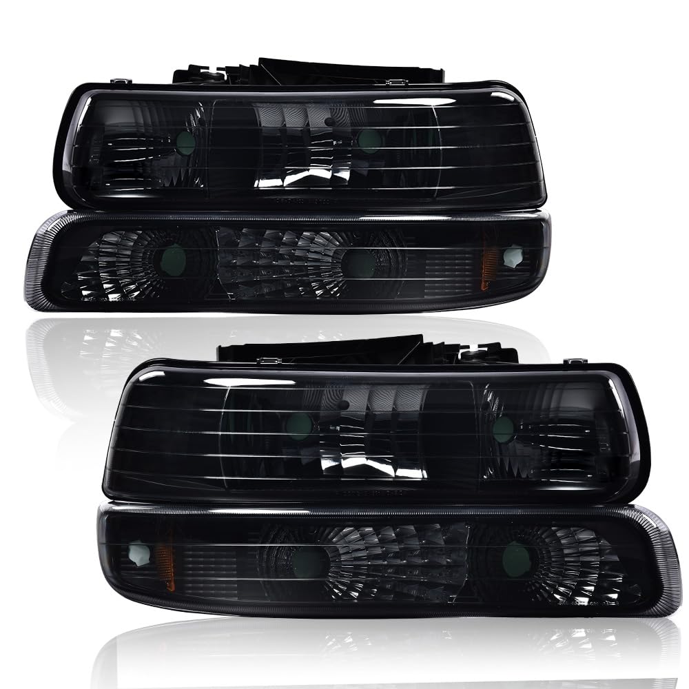 GRAND ORANGE Front Headlight Assembly+ Bumper Lights Lamps Compatible with Chevy Silverado 1999-2002/ Fit Tahoe Suburban 2000-20