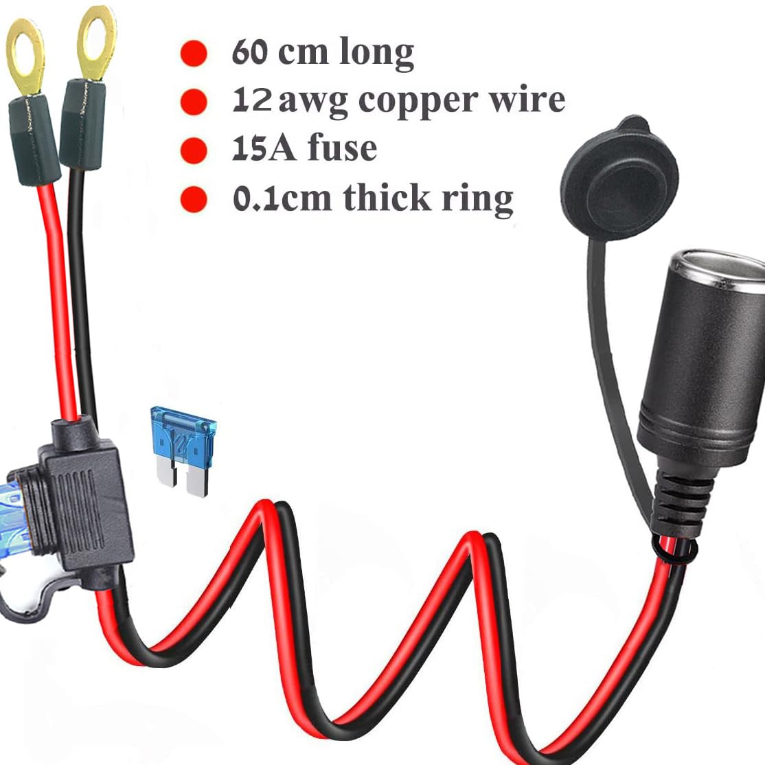 2FT 12V Female Socket Battery Eyelet Ring Terminal 12volt Extension Cord Outlet Adapter Plug Power Supply Car Electrical Dc Char