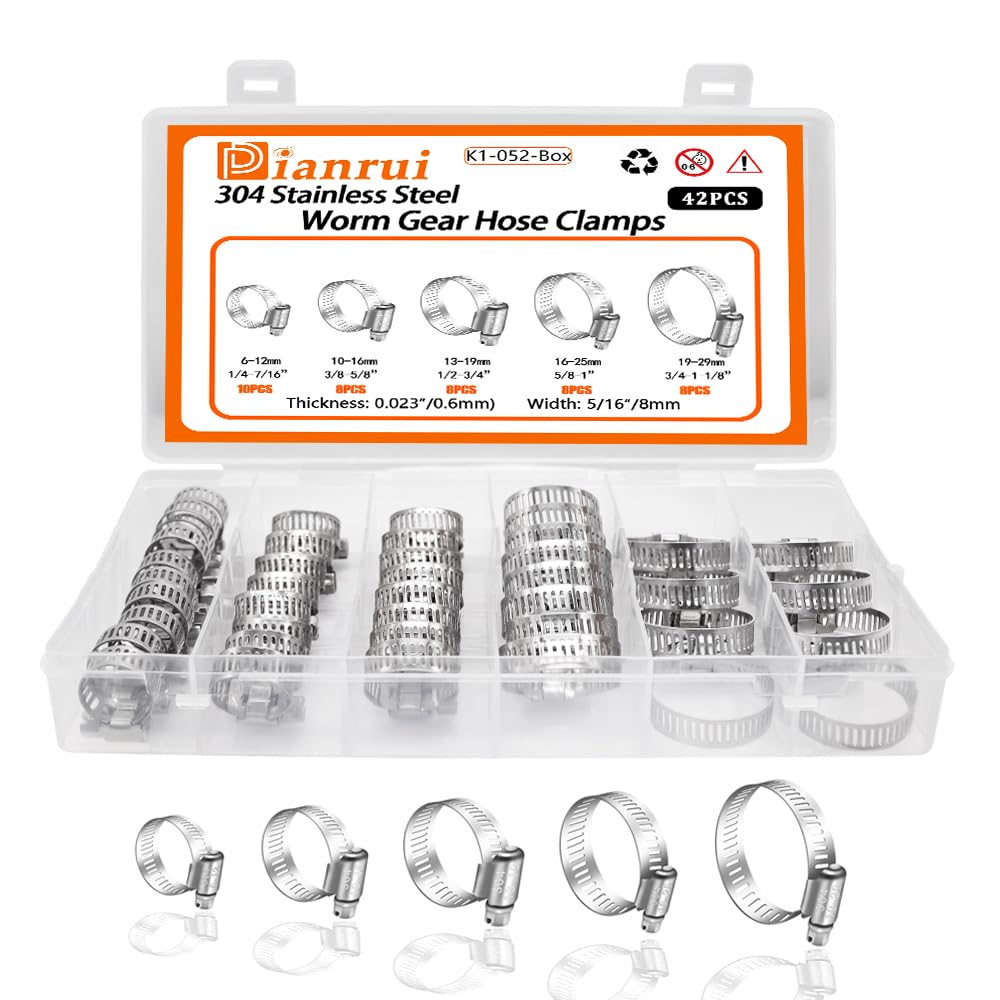 Dianrui 42PCS Hose Clamps Kit Box 1/4''-1-1/8'' 304 Stainless Steel Radiator Pipe Clamp Assortment for Fuel Line, Plumbing, Inte