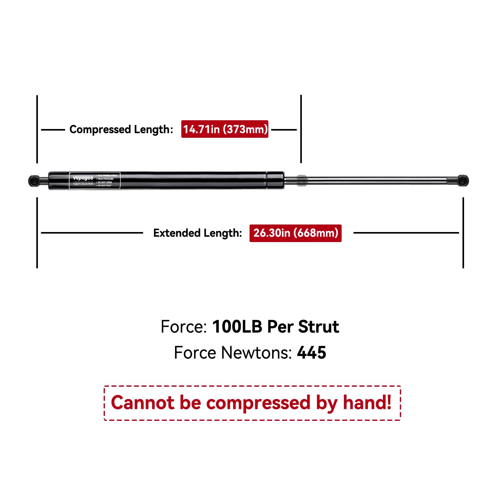 Vepagoo C1612666 26In 100Lb Tonneau Undercover Lift Support, Gas Shock Strut For Snugtop Snuglid Leer Truck Bed Cover, Ml25100,