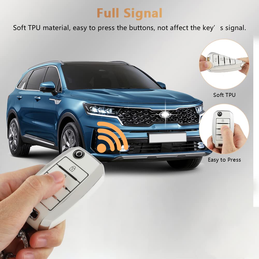 Pifoog For Kia Key Fob Cover Tpu White Silver 4 Buttons Keys Case Shell Protector Bling Keychain For Kia Sorento Optima Soul Spo