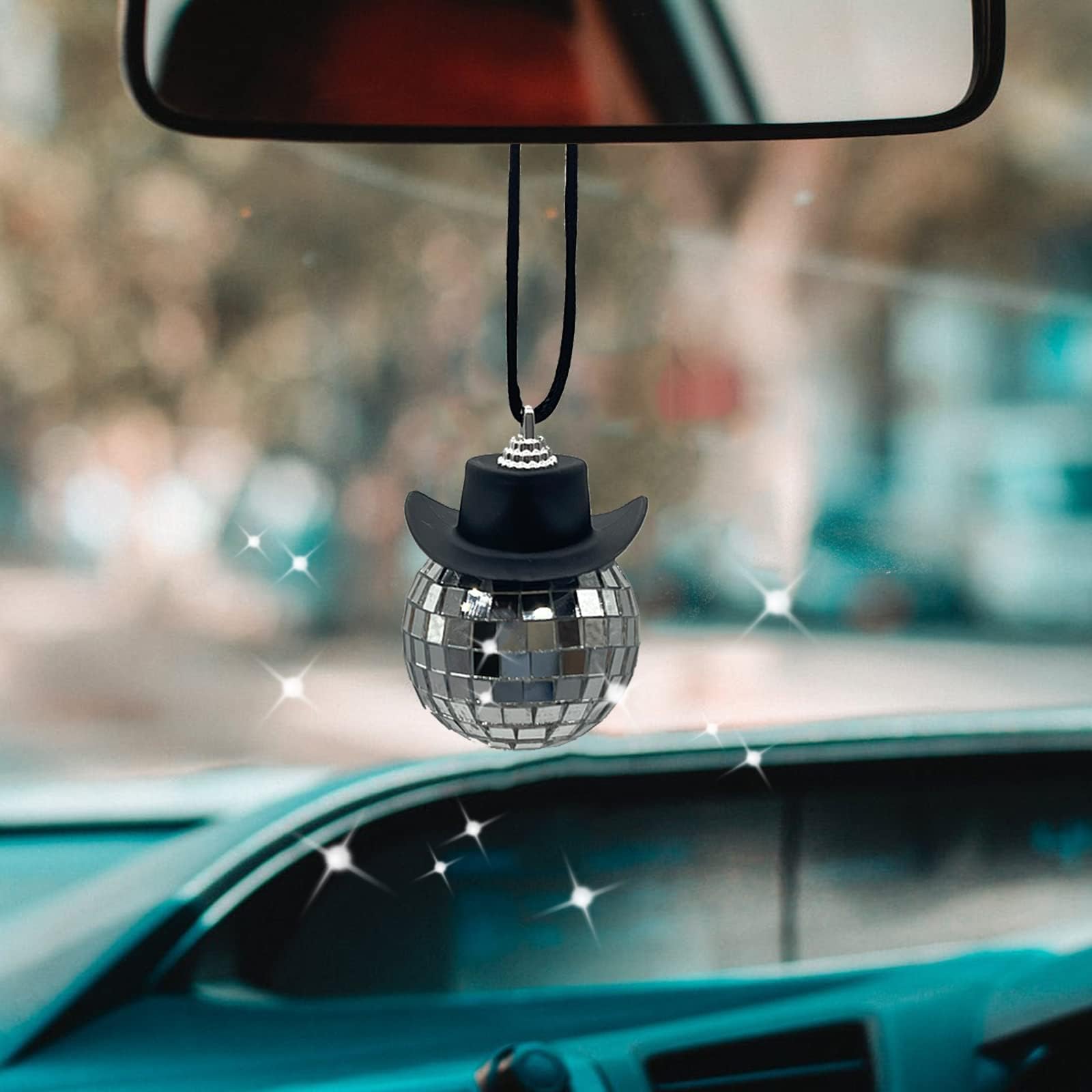 Spansee Black Disco Ball Cowboy Hat Car Accessory, Mirror Ornament, Interior Accessories