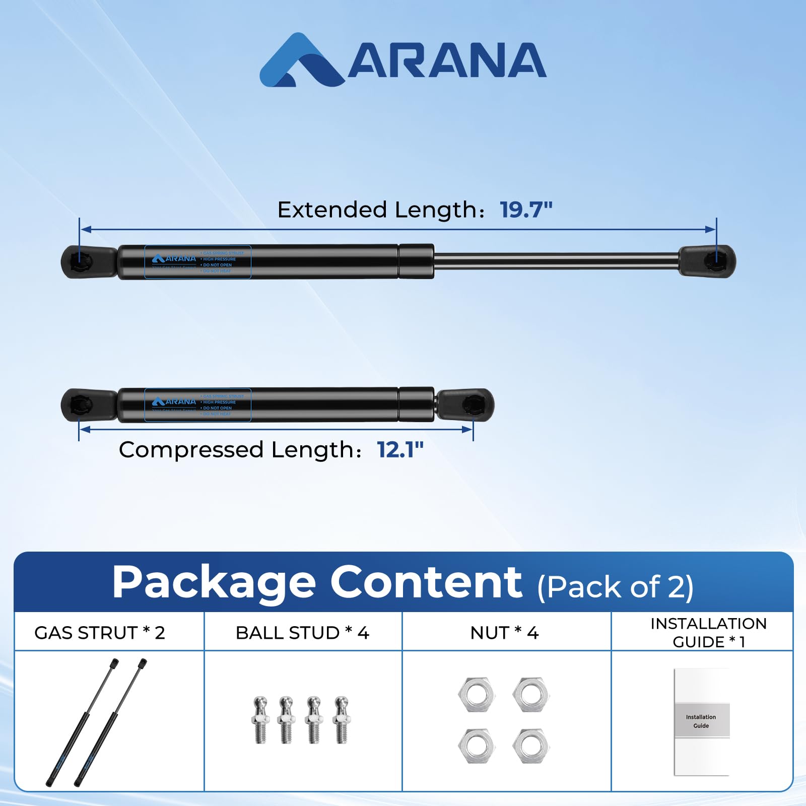 C1608054 20' Gas Prop Spring Strut 20 Inch 100 Lb Per Shock C16-08054 For Camper Shell Rv Bed Tonneau Cover Storage Box Basement Door Floor Hatch Window Lift Struts (Applicable Lid Weight 85-110Lbs)