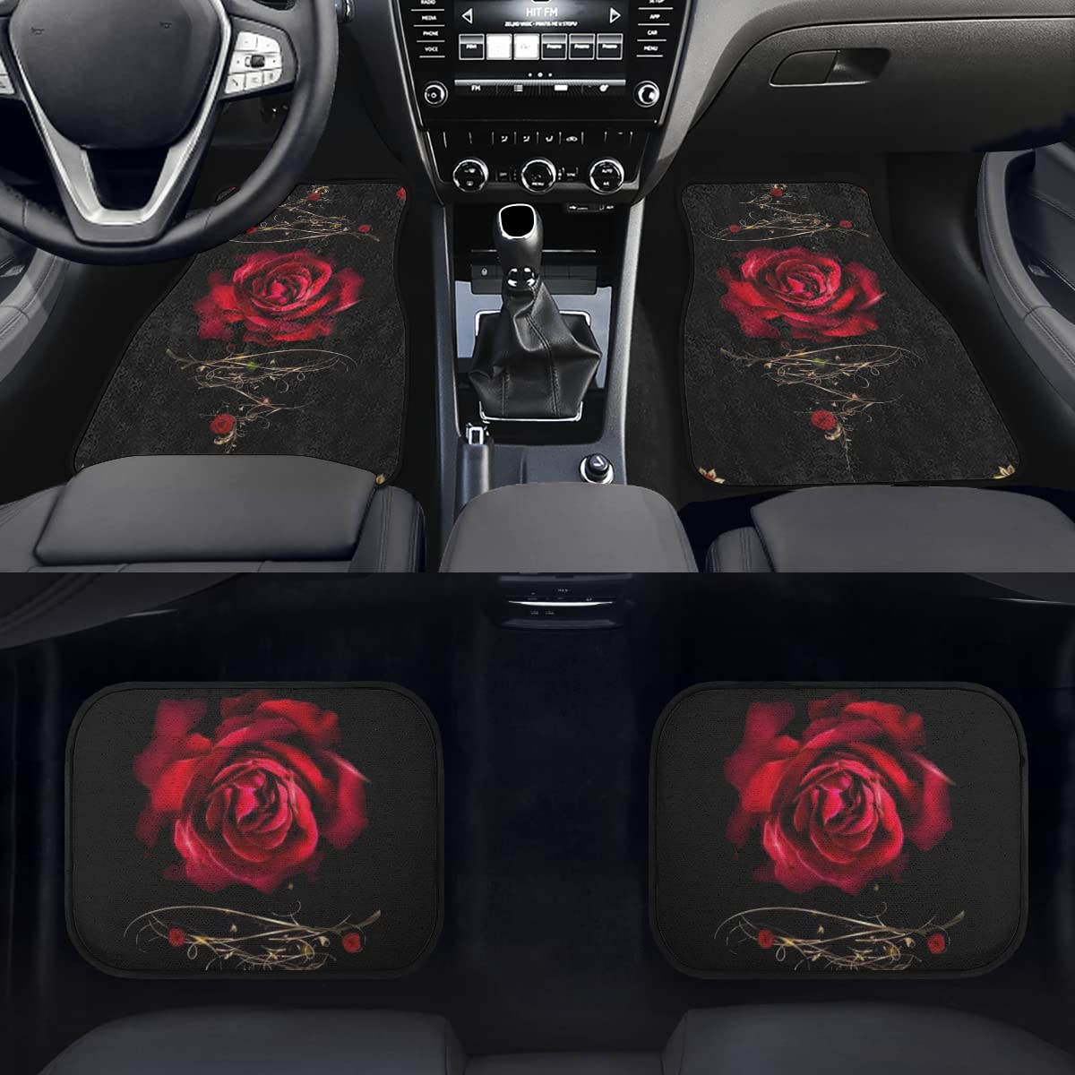 FUIBENG Red Rose Auto Floor Mat Floral Car Front & Back Floor Carpet Non Slip Anti Dirty Foot Pad Rug Automotive Rose Accessorie