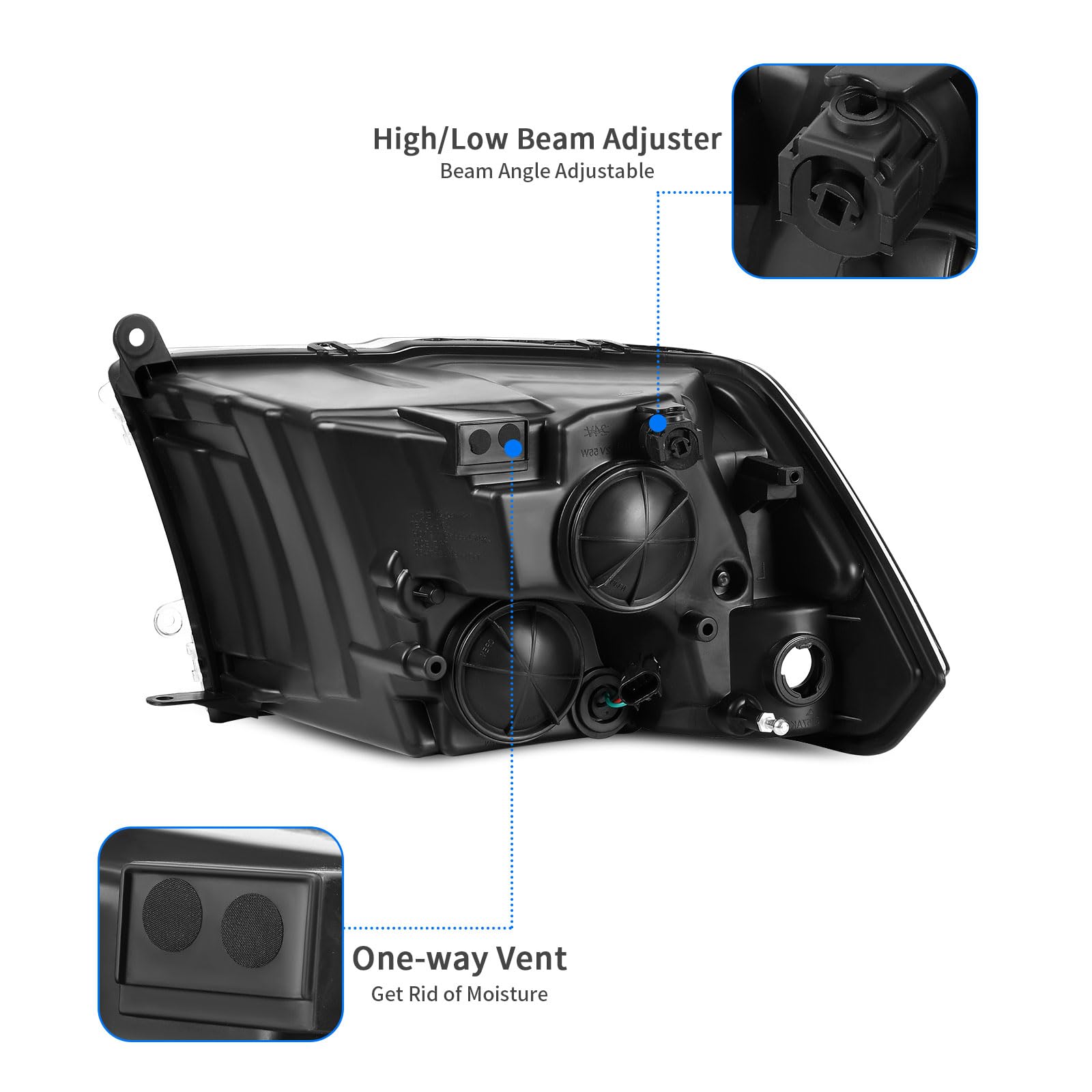 Dwvo Headlight Assembly Compatible With 2009-2018 Dodge Ram 1500 2500 3500/2019-2022 Ram 1500 Classic Pickup Quad Headlamp Repla