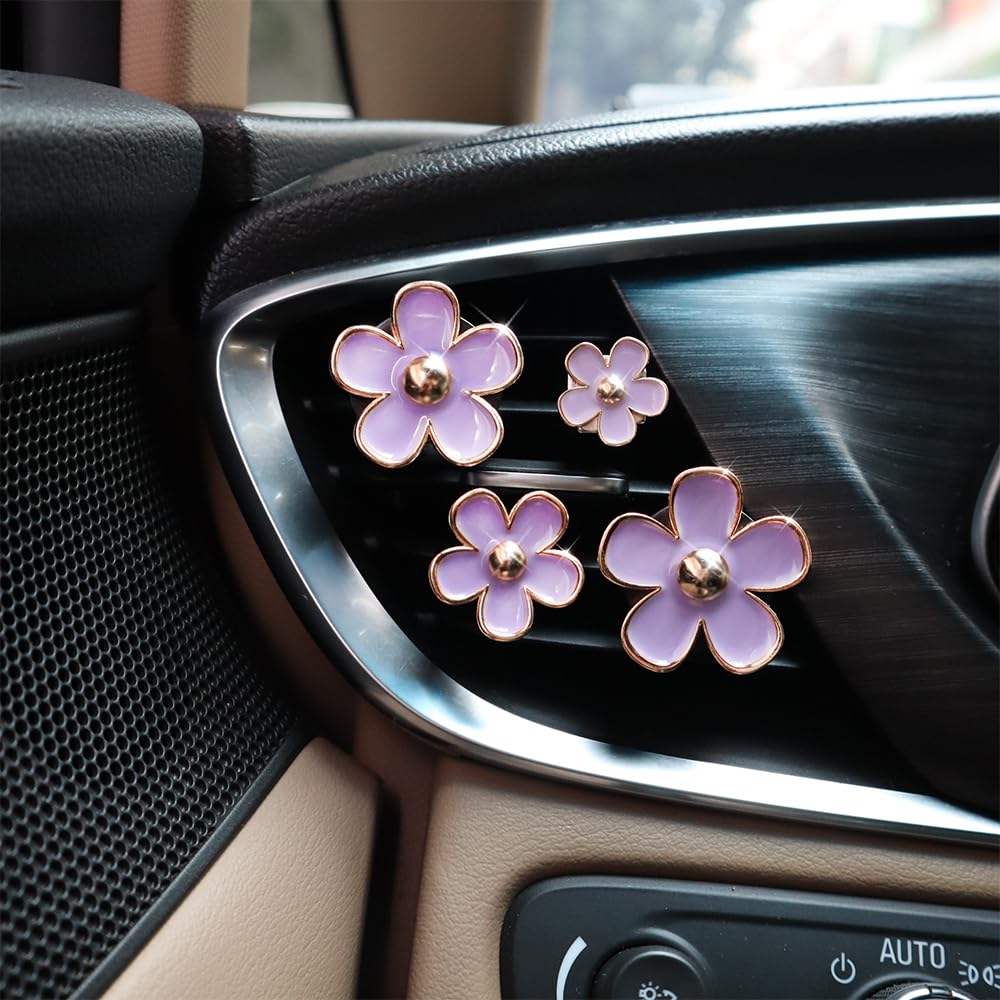 Oriesse Cute Flowers Air Vent Clips Car Air Freshener,4Pcs Purple Girly Daisy Flower Car Accessories For Women,Lavender Car Deco