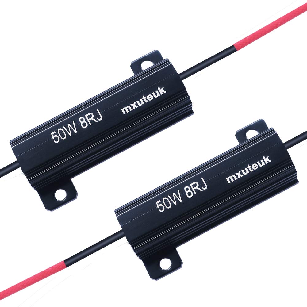 Mxuteuk 4Pcs Led Resistor Car Load Resistors 50W 8Ohm For Fix Led Bulb Fast Hyper Flash Led Turn Signal Lights, Fix Error Flash Controller, With 8Pcs Quick Wire Clip 50W-8Rj-4