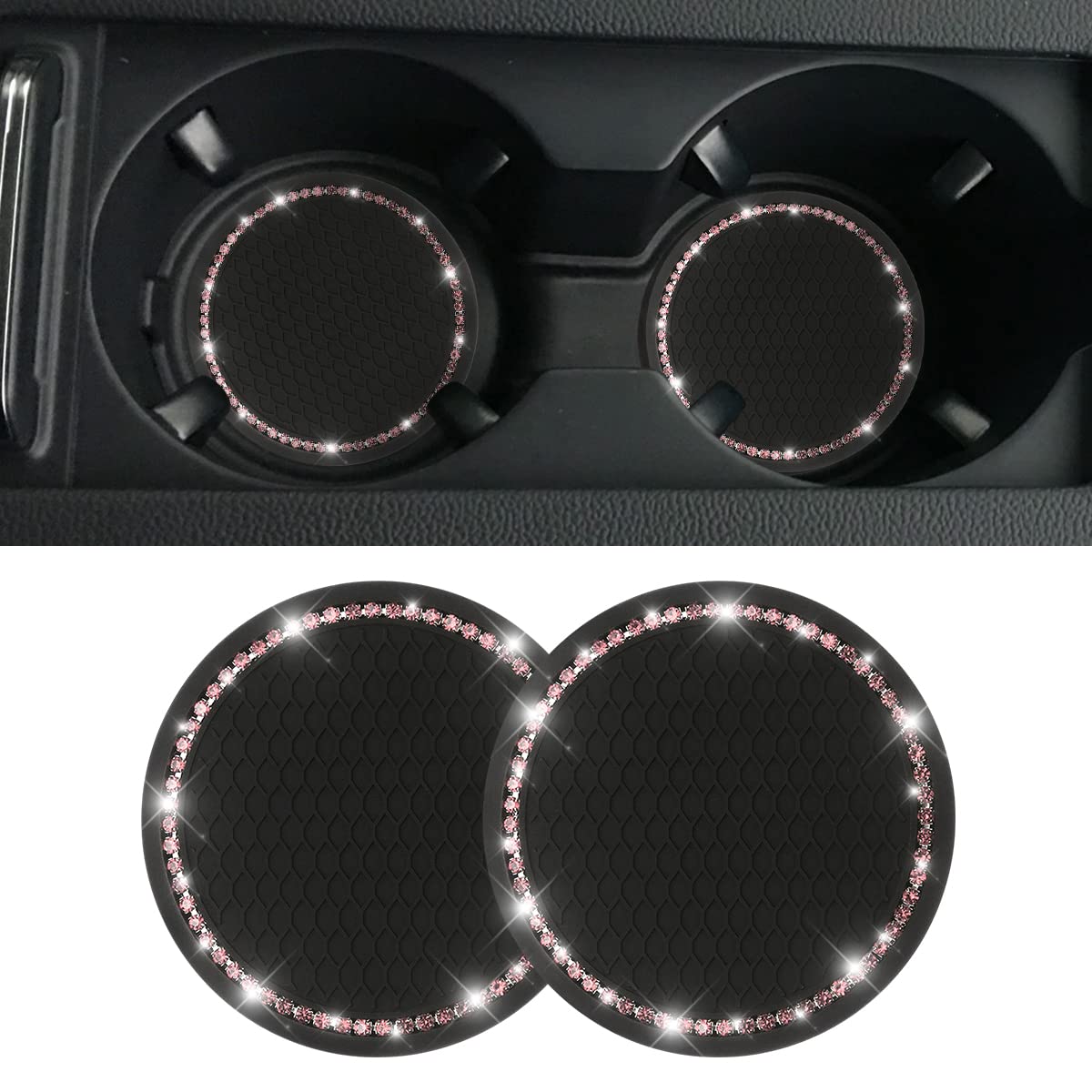 2 Pack Car Bling Cup Holder Coaster, 2.75 Inch Crystal Rhinestone Car Cup Holder Insert Coaster,Universal For Cars, Vehicles, Suvs, Car Interior Accessories For Women And Men (Black/Pink1)