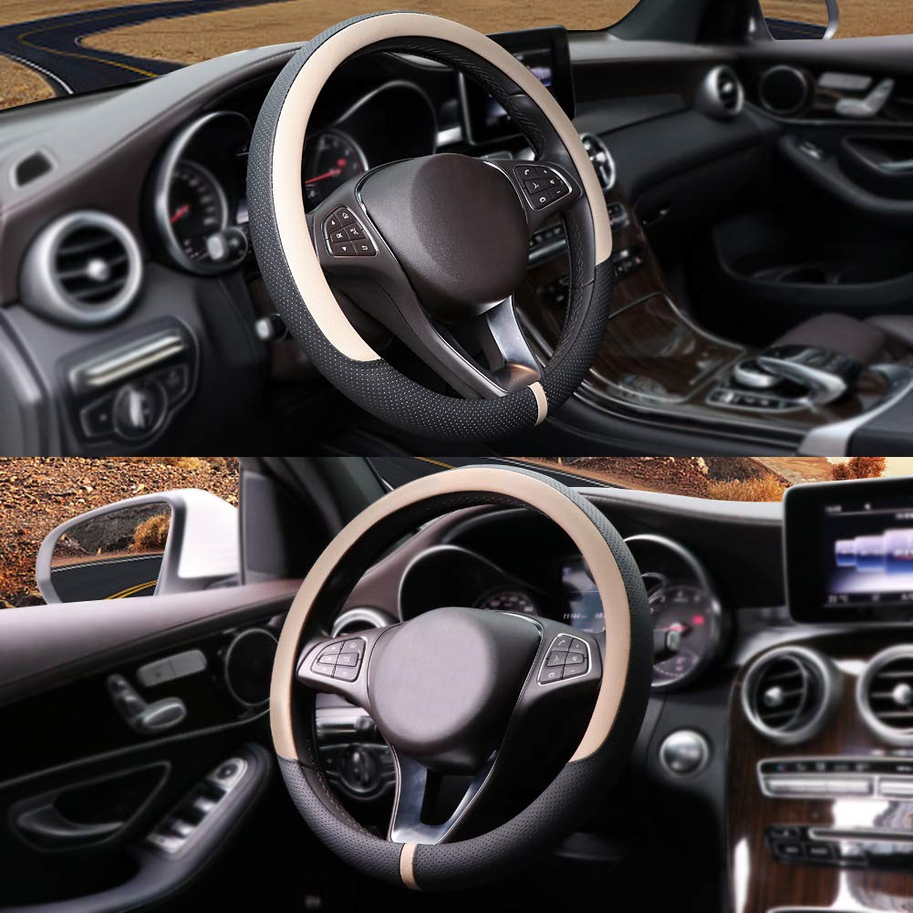 Cofit Breathable Car Steering Wheel Cover Leather Auto Universal 15 Inch Non-Slip Wrap Protection, Beige (Suit For 14 1/2-15 Inc