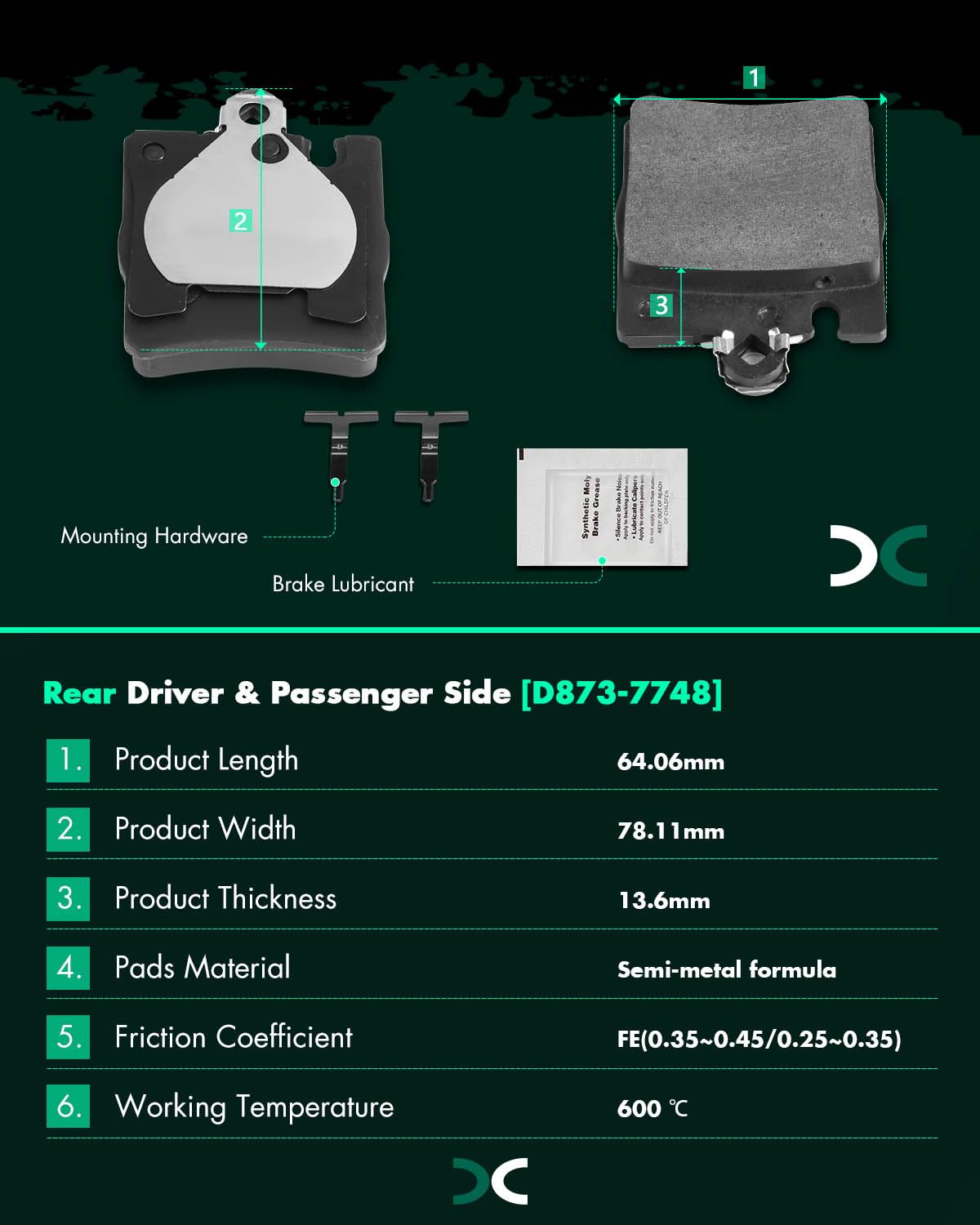 SCITOO Disc Brake Pads Kits D873-7748 Semi Metallic Rear Brake Pads Set Fit For Mercedes-Benz For C230 2003-2007,For Mercedes-Be