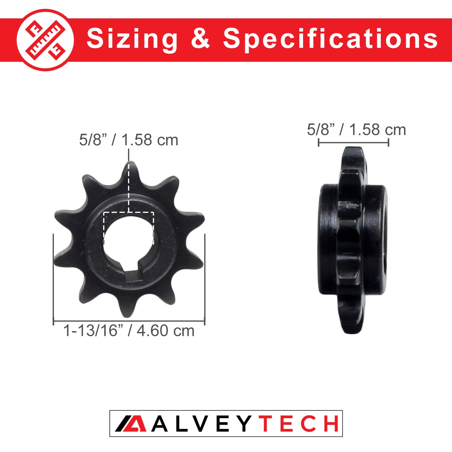 Alveytech 10 Tooth #40/#41/420 Chain Sprocket With 5/8 Bore - For The Baja, Coleman, Hammerhead, Manco, Predator 212Cc 6.5 Hp, Realtree, Yerf-Dog, Mini Dirt Bike, Go-Kart Drive Torque Converter Parts