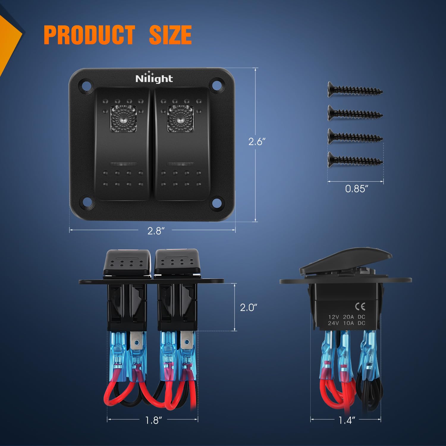 Nilight 2 Gang Rocker Switch Panel With Purple Led Light 5 Pin On Off Pre-Wired Rocker Switch Aluminum Panel Toggle Switch Panel