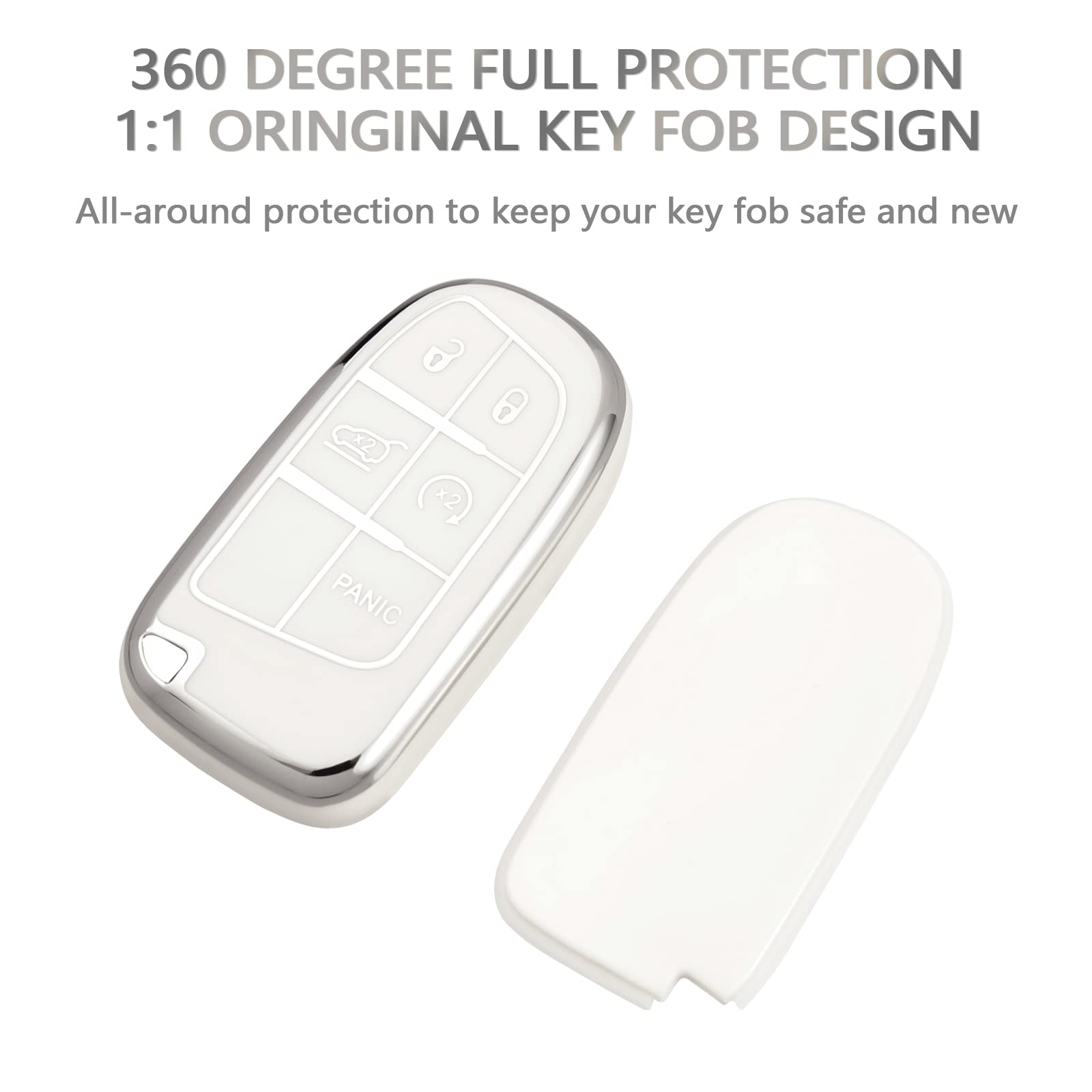 Offcurve For Jeep Dodge Key Fob Cover, Car Key Cover Case For Jeep Grand Cherokee Wrangler Compass Renegade Patriot Grand Comander 3 4 5 Buttons Smart Key Car Accessories Holder Protector, White