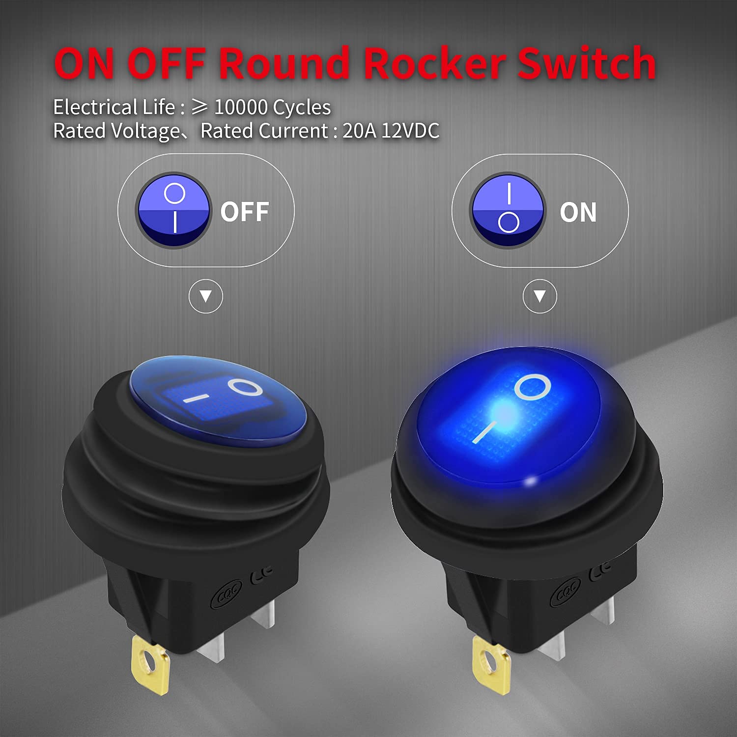 Daiertek 12V 20A Waterproof Rocker Switch Blue Led Lighted Round On Off 3 Pin 12 Volt Weatherproof Illuminated Toggle For Marine Car Rv Truck -5Pack