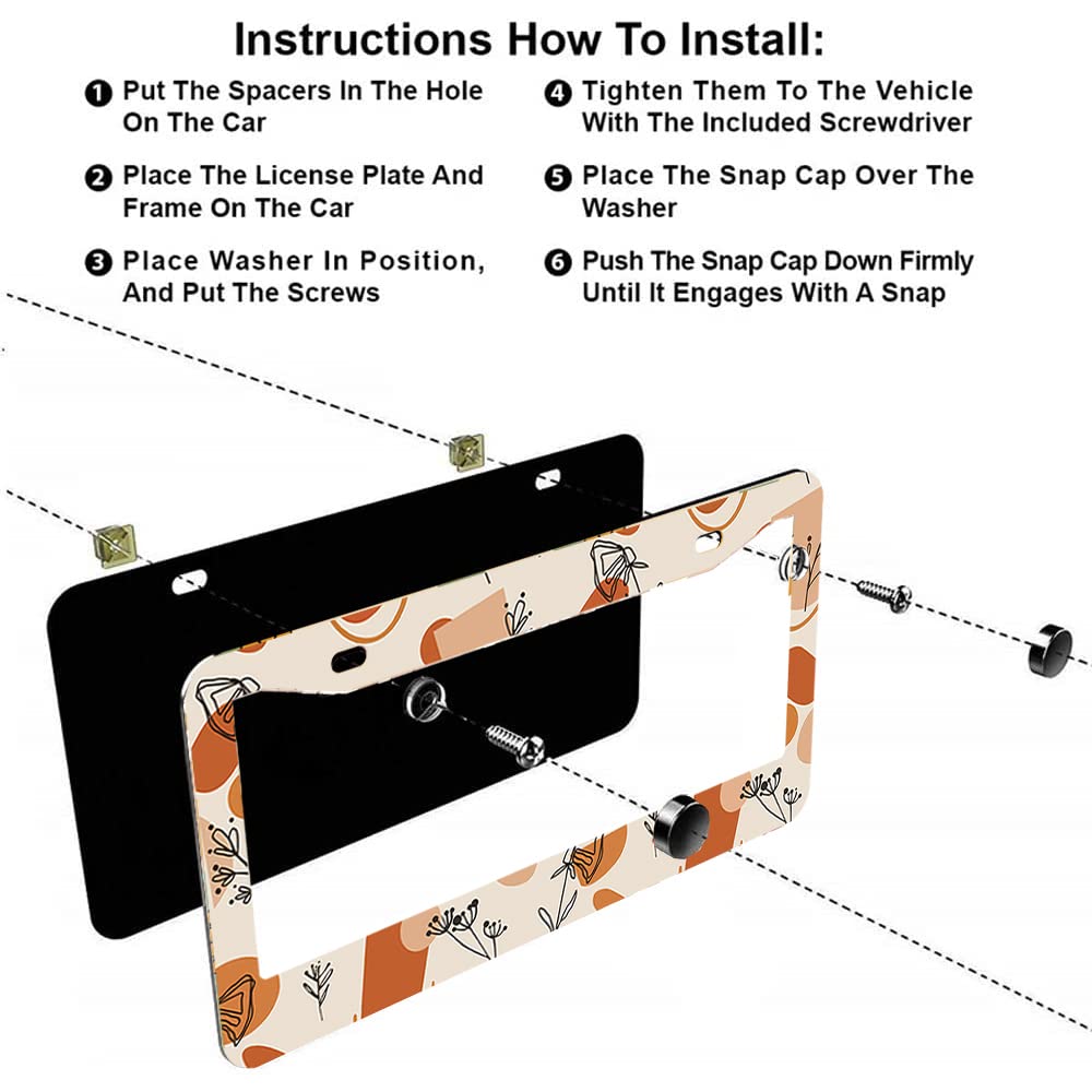 2Pcs Abstract Wildflower License Plate Frames Cover Holders Stainless Steel License Plate Cover With Screw Caps Cover And Screwd