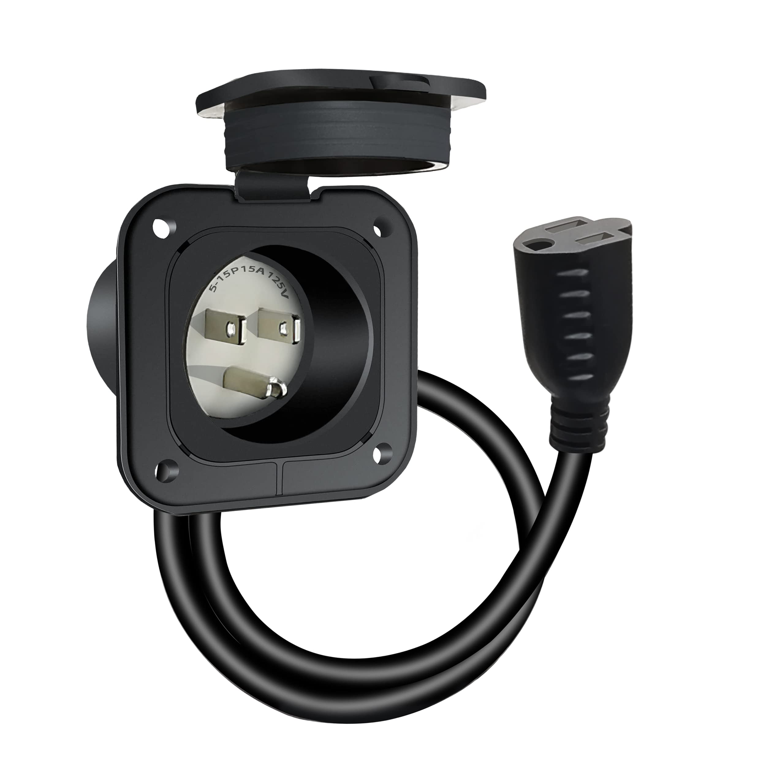 15 Amp Ac Port Plug, 125 Volt Power Inlet, Waterproof Electrical Outlet Receptacle With 18-Inch Extension Cord, 2 Pole 3 Wire Nema 5-15 Flanged Inlet Plug For Electrical Connections