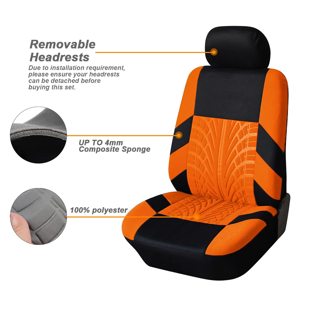 Car Seat Covers Full Set, Polyester Front Bucket Seat Protectors With Split Bench Back Seat Covers, Breathable Thicken Premium Sporty Seat Cushions, Auto Accessories For Car, Suv (Orange/Front,Back)