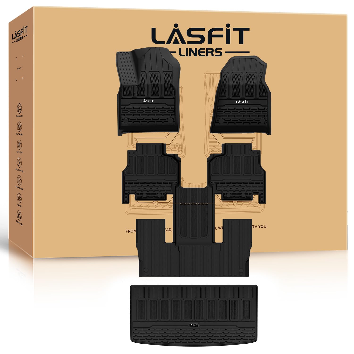Lasfit Floor Mats & Trunk Mat For Jeep Wagoneer 2022-2025 7-Seat (Not For 8-Seat) All Weather Custom Fit Car Floor Liners Black