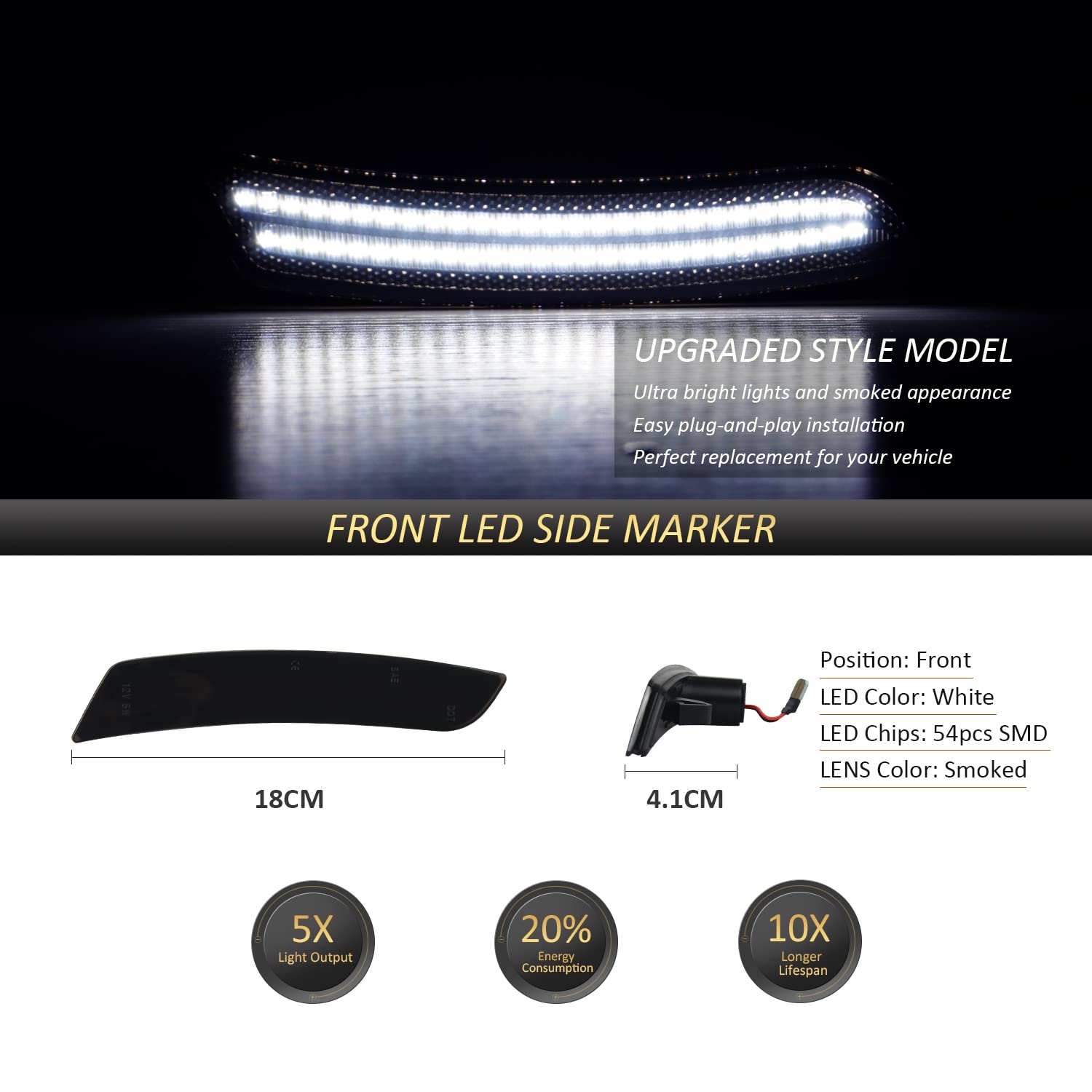 D-Lumina Led Side Marker Lights Smoked Lens Compatible With Chevy Camaro 2016 2017 2018 2019 2020 2021 2022 2023, 6Th Gen Camaro